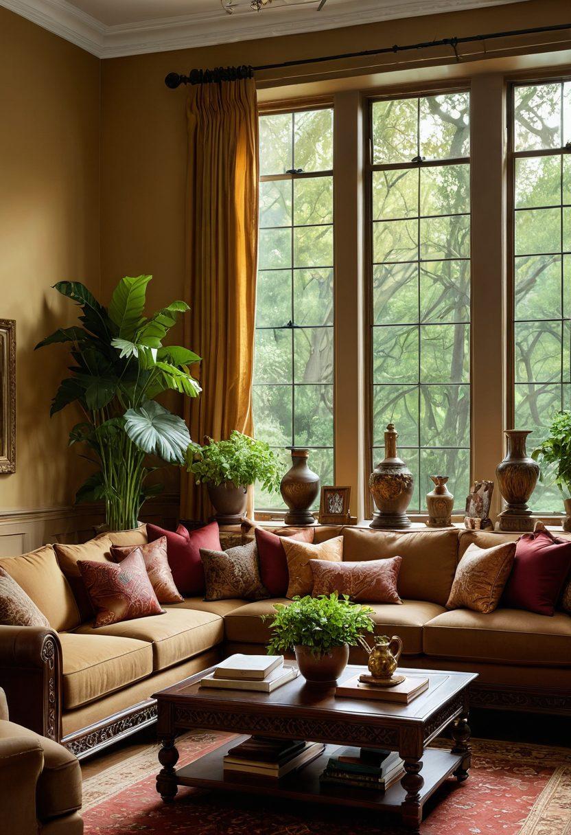 An elegant living room featuring various pieces of furniture such as a luxurious sofa, a classic coffee table, and decorative items, each labeled with insurance policy icons symbolizing protection. A serene window view with greenery outside complements the ambiance of security and comfort. Emphasize a warm color palette to evoke a sense of homeliness. super-realistic. vibrant colors. warm tones.