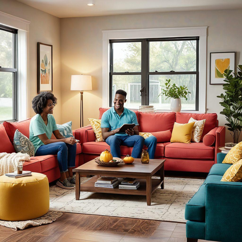 A cozy, stylish living room showcasing various furniture pieces with clear protection strategies in place, such as slipcovers and furniture pads. Include a happy family transitioning from renters to homeowners, surrounded by moving boxes, visualizing their journey. Warm lighting and a welcoming atmosphere. modern style. vibrant colors. 3D.