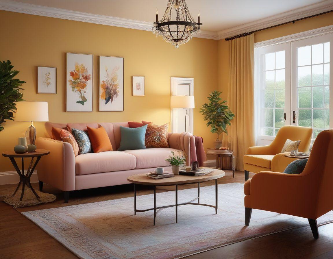 A cozy living room showcasing different types of furniture, such as a plush sofa, elegant dining set, and stylish armchair, each accompanied by protective covers that blend seamlessly into the decor. Include visually appealing infographics about coverage options floating around the furniture, representing various insurance aspects. Warm lighting to create an inviting atmosphere. super-realistic. vibrant colors. 3D.